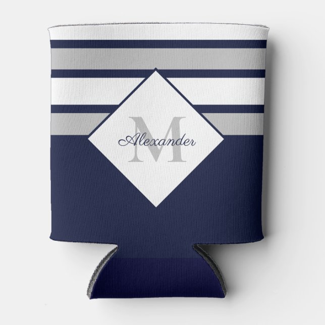 Monogramm für nautische, moderne blaugraue Streife Dosenkühler (Vorderseite)