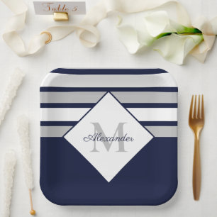 Monogramm für nautische, moderne blaugraue Streife Pappteller