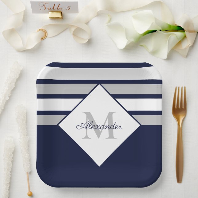 Monogramm für nautische, moderne blaugraue Streife Pappteller (Hochzeit)