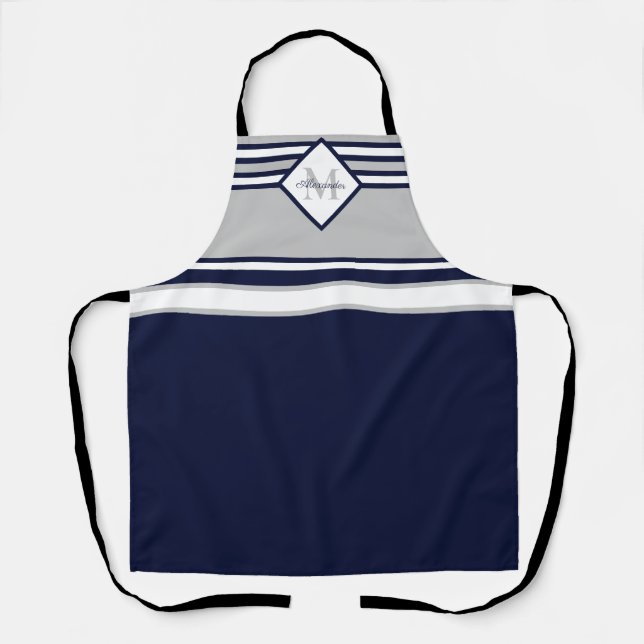 Monogramm für nautische, moderne blaugraue Streife Schürze (Vorderseite)