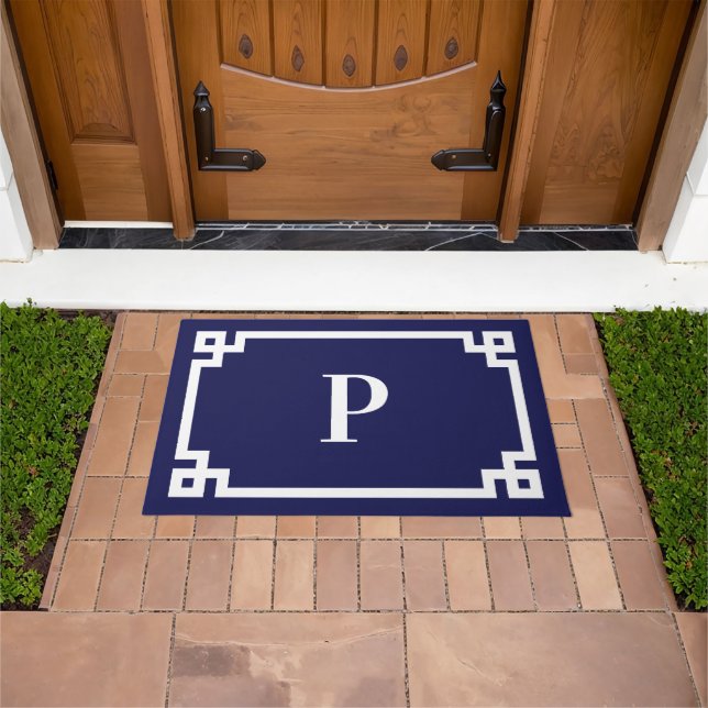Monogramm für Navy Blue und White Griechisch-Taste Fußmatte (Außenbereich)