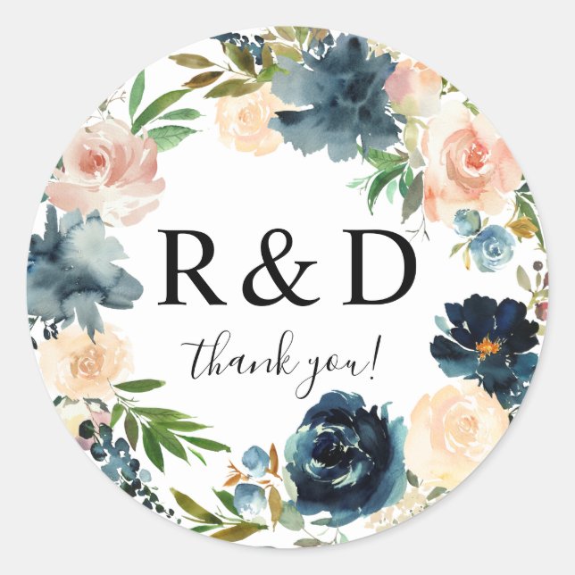 Monogramm für Navy & Dusty Blue & Pink Blush Flora Runder Aufkleber (Vorderseite)