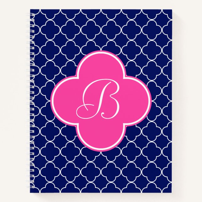 Monogramm für Navy Pink und White Quatrefolie Notizbuch (Vorderseite)