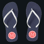 Monogramm für Navy und Coral Tiny Dots Flip Flops<br><div class="desc">Maßgeschneiderte gedreht Flop Sandalen mit einem niedlichen gürtelförmigen Polka-Punktmuster und einem eigenen Monogramm oder einem anderen Text in einem Kreisrahmen. Klicken Sie auf Anpassen,  um Schriftart und Farben zu ändern oder eigene Bilder hinzuzufügen,  um ein einzigartiges Design zu erstellen!</div>