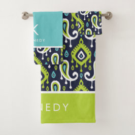 Monogramm für Navy und Green Ikat Paisley Badhandtuch Set