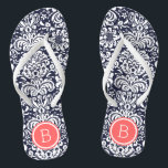 Monogramm für Navy- und Korallenfloral-Damask Flip Flops<br><div class="desc">Maßgeschneiderte,  bedruckte Flop-Sandalen mit einem eleganten,  floralen Damastmuster und einem eigenen Monogramm oder einem anderen Text in einem Kreissaal. Klicken Sie auf Anpassen,  um Schriftart und Farben zu ändern oder eigene Bilder hinzuzufügen,  um ein einzigartiges Design zu erstellen!</div>