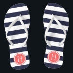 Monogramm für Navy- und Korallenpflaster Flip Flops<br><div class="desc">Maßgeschneiderte,  bedruckte Flop-Sandalen mit einem preppy-nautical-Stripe-Muster und einem eigenen Monogramm oder einem anderen Text in einem Circle-Rahmen. Klicken Sie auf Anpassen,  um Schriftart und Farben zu ändern oder eigene Bilder hinzuzufügen,  um ein einzigartiges Design zu erstellen!</div>