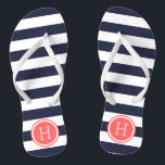 Monogramm für Navy- und Korallenpflaster Flip Flops<br><div class="desc">Maßgeschneiderte,  bedruckte Flop-Sandalen mit einem preppy-nautical-Stripe-Muster und einem eigenen Monogramm oder einem anderen Text in einem Circle-Rahmen. Klicken Sie auf Anpassen,  um Schriftart und Farben zu ändern oder eigene Bilder hinzuzufügen,  um ein einzigartiges Design zu erstellen!</div>