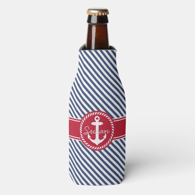 Monogramm für Navy und Red Stripes Nautical Anchor Flaschenkühler (Flaschenvorderseite)