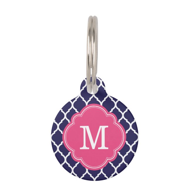 Monogramm für Navy und Rosa Quatrefolie Tiernamensmarke (Vorderseite)