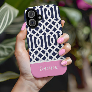 Monogramm für Navy und Rosa Trellis Case-Mate iPhone 14 Hülle