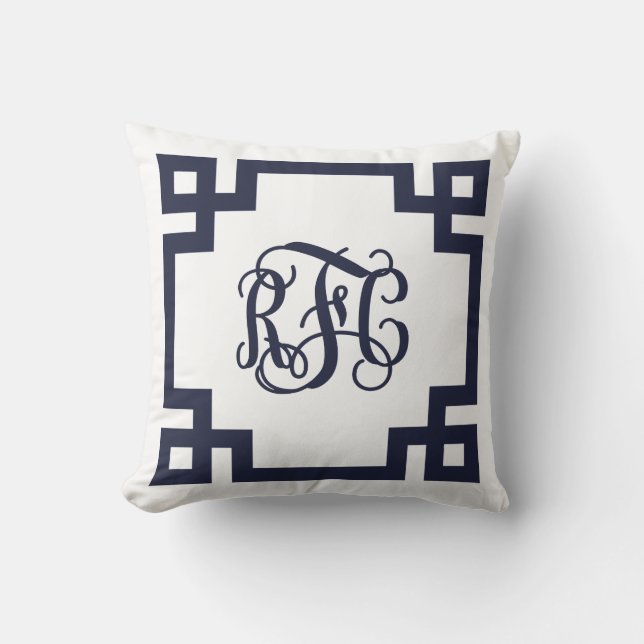 Monogramm für Navy und White-Griechisch-Schlüssels Kissen (Vorderseite)