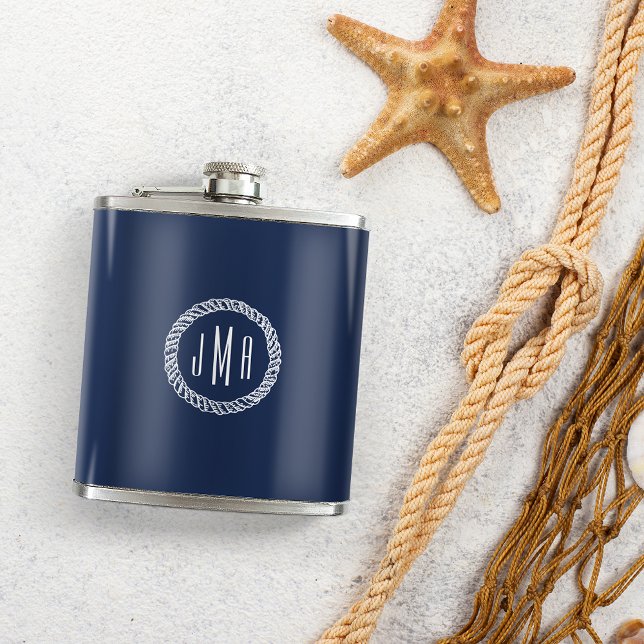Monogramm für Navy und White Nautic Rope Flachmann (Von Creator hochgeladen)