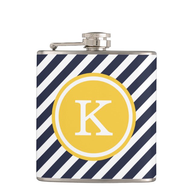 Monogramm für Navy und Yellow Nautic Stripes Flachmann (Vorderseite)