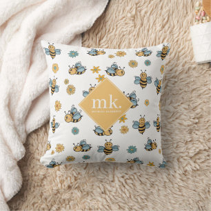 Monogramm für niedliche Honigbienen und Wildblumen Kissen