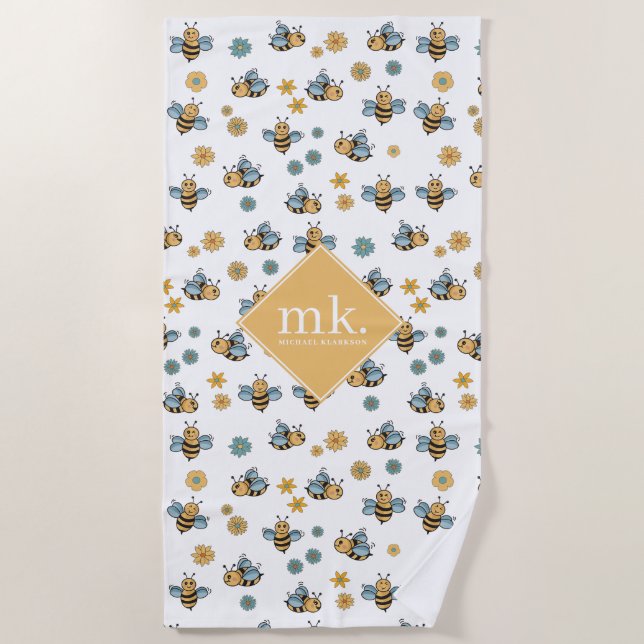 Monogramm für niedliche Honigbienen und Wildblumen Strandtuch (Vorderseite)