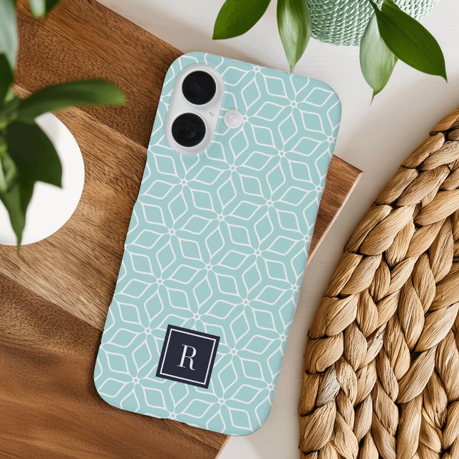 Monogramm für niedliche Minze und Navy Geometric iPhone 16 Hülle (Von Creator hochgeladen)