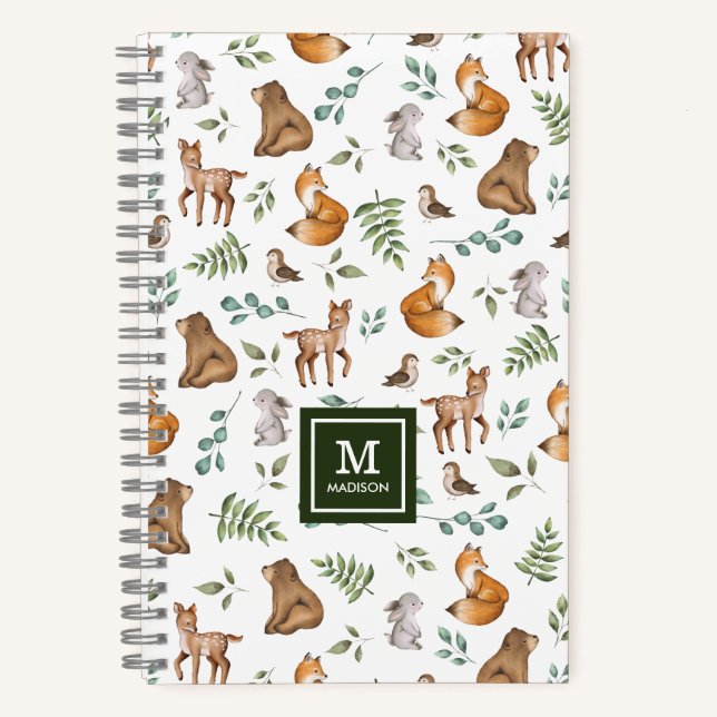 Monogramm für niedliche Waldtiere Notizbuch (Vorderseite)
