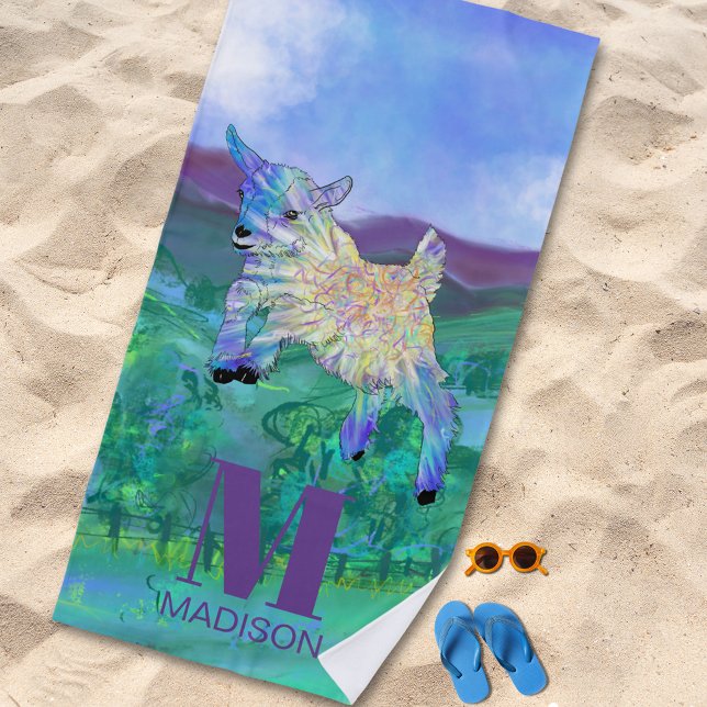 Monogramm für niedliche Ziege Strandtuch (Cute jumping baby goat colorful animal art custom monogram beach towel)