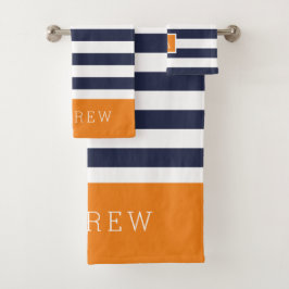 Monogramm für Orange und Navy Stripes Badhandtuch Set