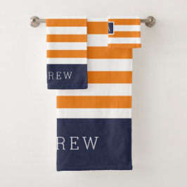 Monogramm für Orange und Navy Stripes Badhandtuch Set