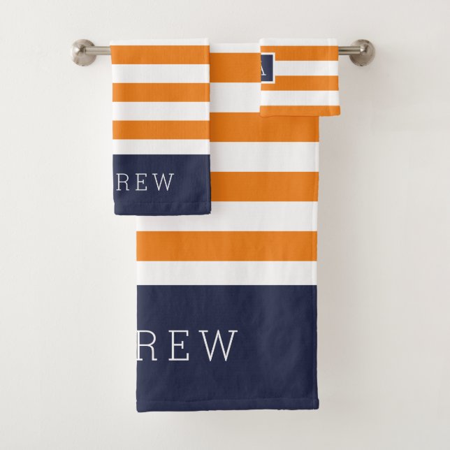Monogramm für Orange und Navy Stripes Badhandtuch Set (Insitu)
