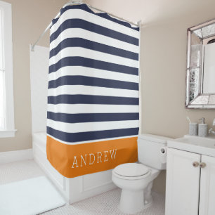 Monogramm für Orange und Navy Stripes Duschvorhang