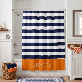Monogramm für Orange und Navy Stripes Duschvorhang