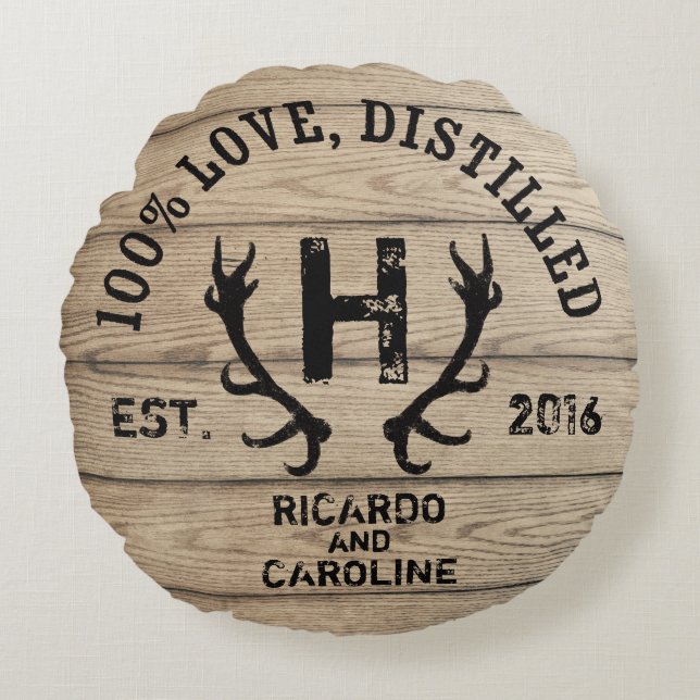 Monogramm für personalisierte Holzbourbon-Eiche Rundes Kissen (Vorderseite)