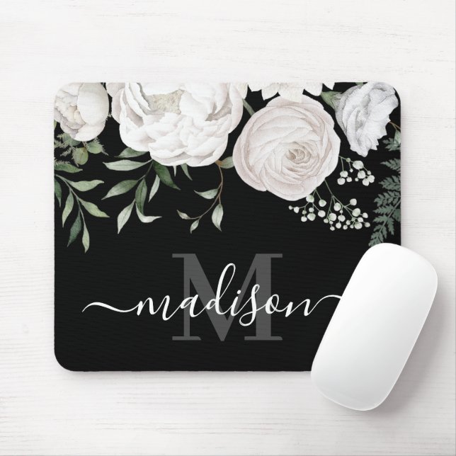 Monogramm für personalisierte Schwarz-weiße floral Mousepad (Mit Mouse)