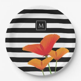 Monogramm für Poppy Chic Black Stripes Pappteller