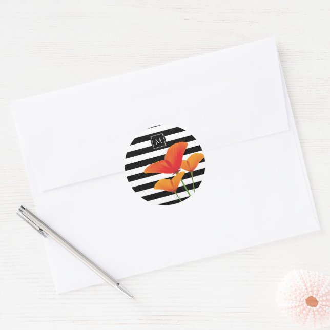 Monogramm für Poppy Chic Black Stripes Runder Aufkleber (Umschlag)