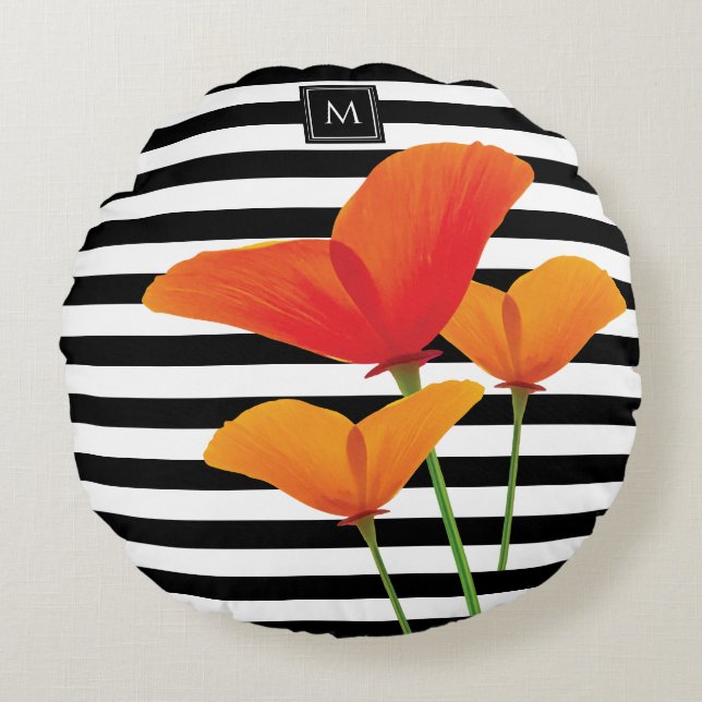 Monogramm für Poppy Chic Black Stripes Rundes Kissen (Vorderseite)
