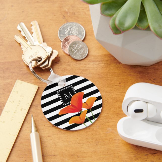 Monogramm für Poppy Chic Black Stripes Schlüsselanhänger (Schreibtisch)