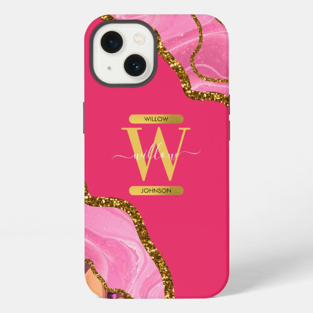 Monogramm für rosa und goldene Agate-Geode iPhone Hülle (Rückseite)