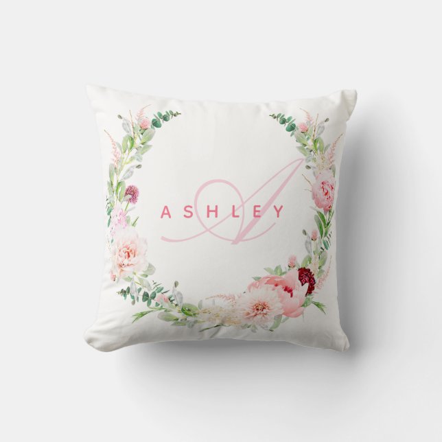 Monogramm für rosafarbene botanische Rose und den  Kissen (Vorderseite)