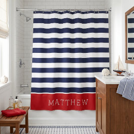 Monogramm für Rot und Navy Stripes Duschvorhang
