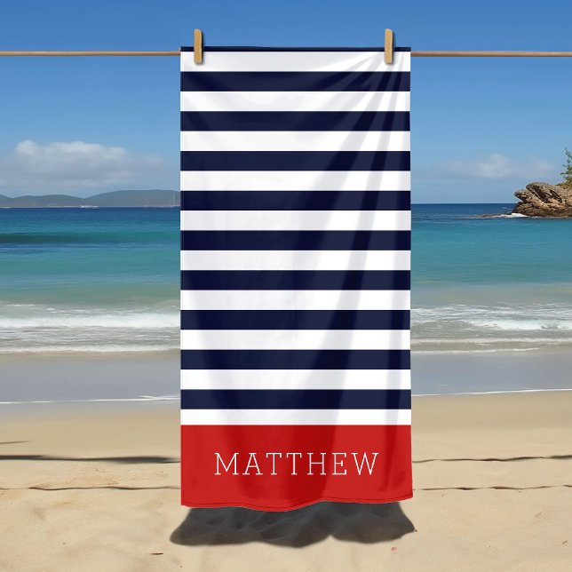 Monogramm für Rot und Navy Stripes Strandtuch (Von Creator hochgeladen)