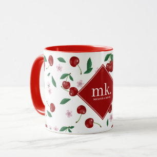 Monogramm für Rote Kirschen Grünpflanzen und Kirsc Tasse
