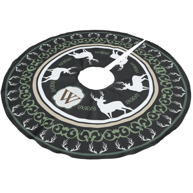 Monogramm für rustikale Silhouetten und Antler Polyester Weihnachtsbaumdecke (Schrägansicht)