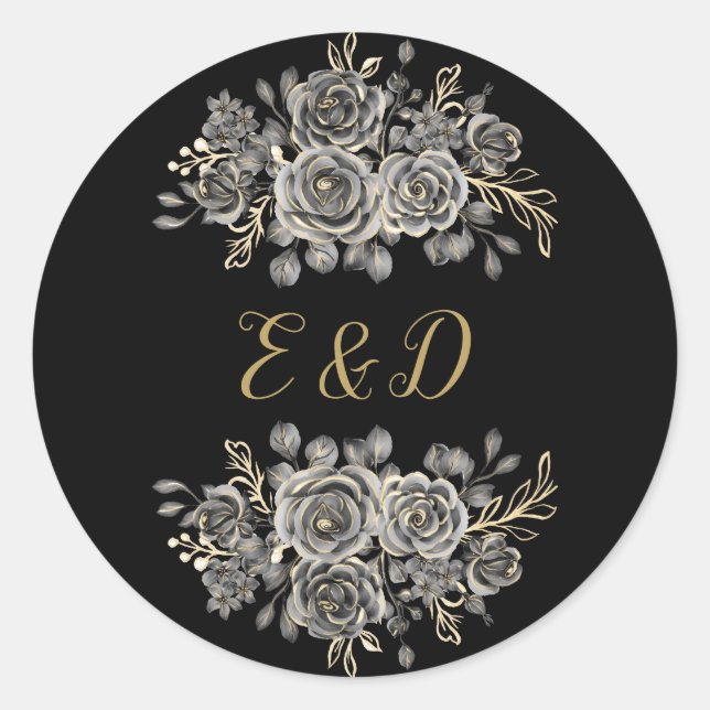 Monogramm für Schwarz-Gold-Gothic-Rose Runder Aufkleber (Vorderseite)