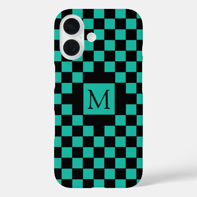 Monogramm für Schwarz und Aquamarines Prüfbrett iPhone 16 Hülle (Rückseite)