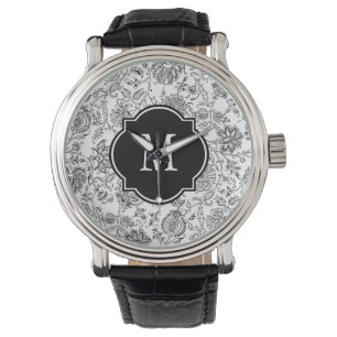 Monogramm für Schwarz-Weiß-Blume Armbanduhr