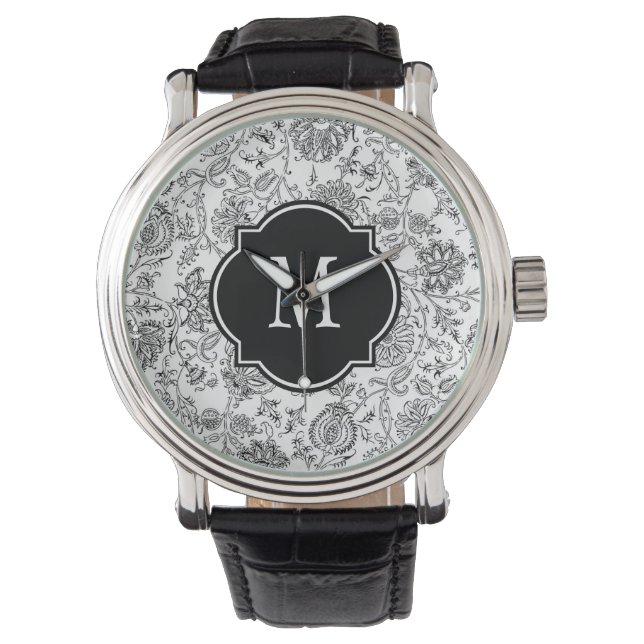 Monogramm für Schwarz-Weiß-Blume Armbanduhr (Vorderseite)