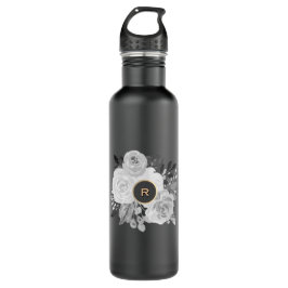 Monogramm für Schwarz-Weiß-Blütengold Edelstahlflasche