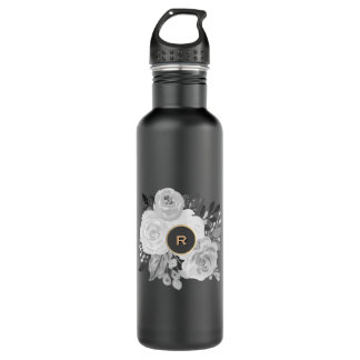 Monogramm für Schwarz-Weiß-Blütengold Edelstahlflasche