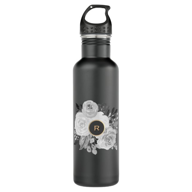 Monogramm für Schwarz-Weiß-Blütengold Edelstahlflasche (Vorderseite)
