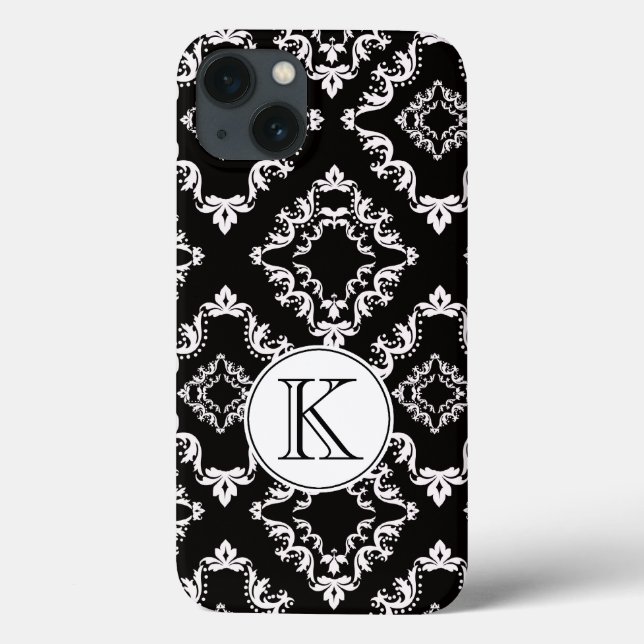 Monogramm für Schwarz-Weiß-Damask Case-Mate iPhone Hülle (Rückseite)