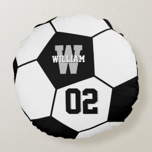 Monogramm für Schwarz-Weiß-Fußball-Sport Rundes Kissen