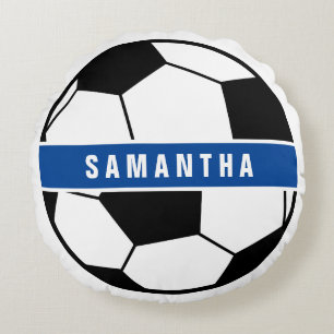 Monogramm für Schwarz-weiß- und Blue-Soccer-Sporta Rundes Kissen